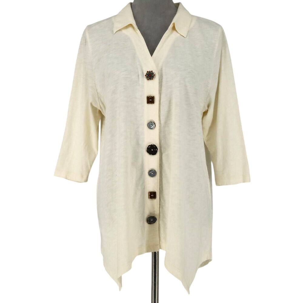 Soft Surroundings Top Petites PL LP Beige Yellow Buttons Lagenlook Boho Chic